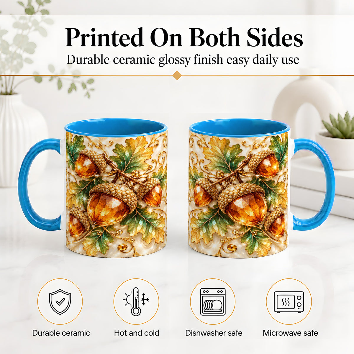 #pl[11oz|Blue] Jeweled Acorn Accent Mug, Oak Leaf Botanical Autumn Nature Art