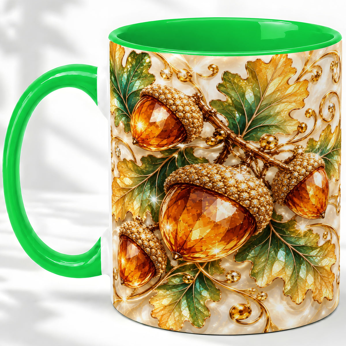 #pl[11oz|Green] Jeweled Acorn Accent Mug, Oak Leaf Botanical Autumn Nature Art