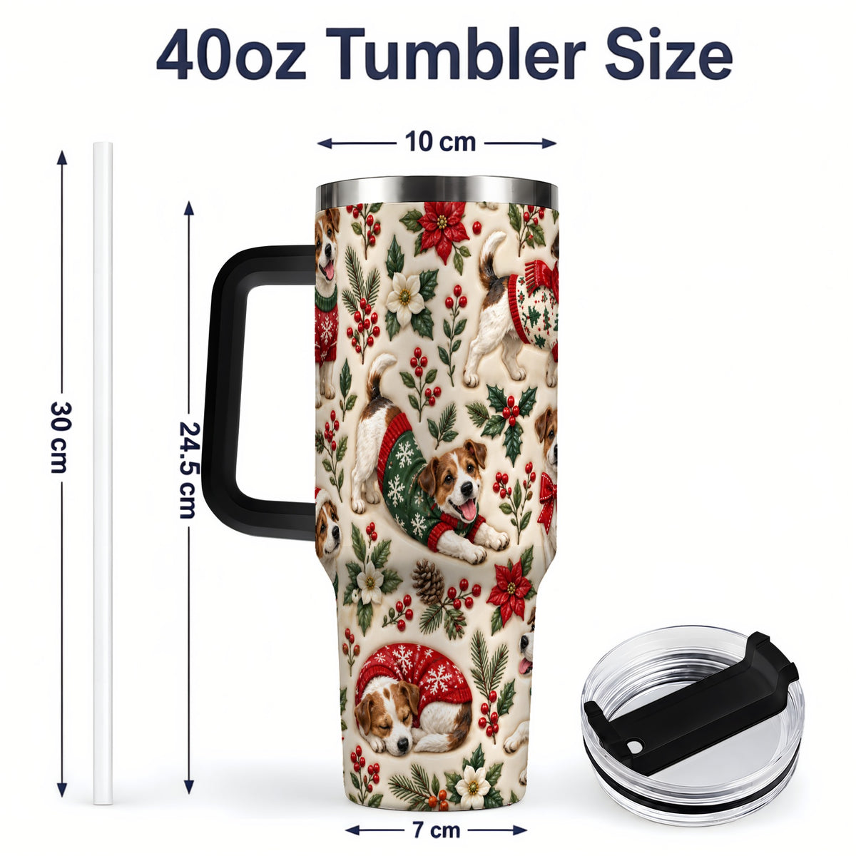 #pl[40oz|Black] Christmas Jack Russell 40oz Tumbler, Holly Dog Pattern Drinkware Art