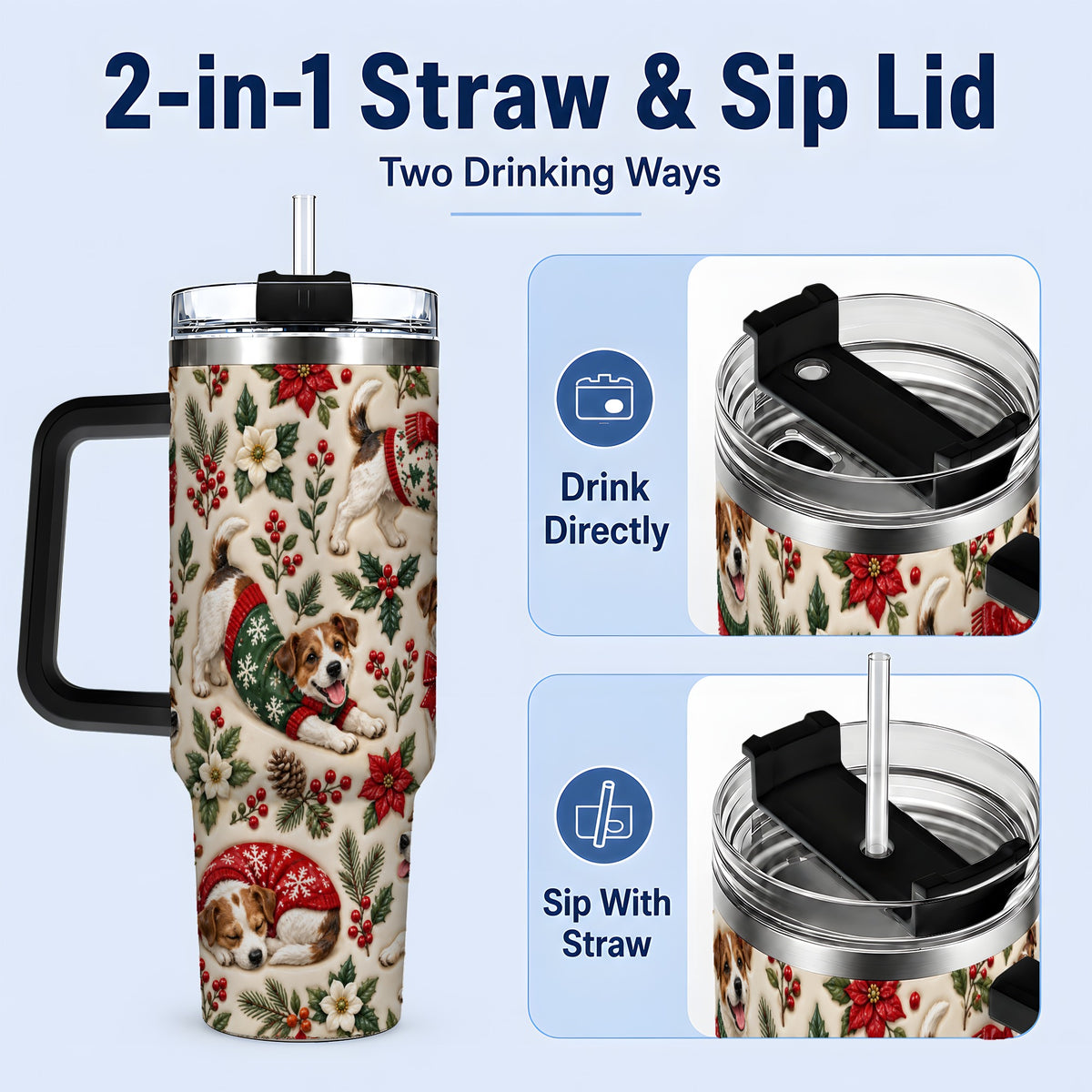#pl[40oz|Black] Christmas Jack Russell 40oz Tumbler, Holly Dog Pattern Drinkware Art