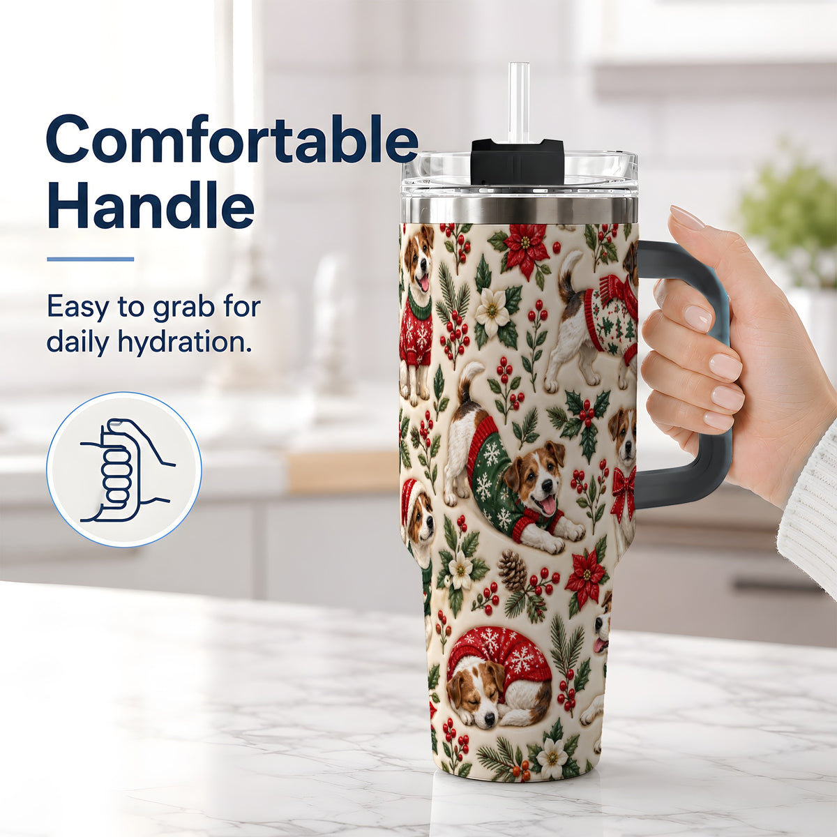 #pl[40oz|Black] Christmas Jack Russell 40oz Tumbler, Holly Dog Pattern Drinkware Art