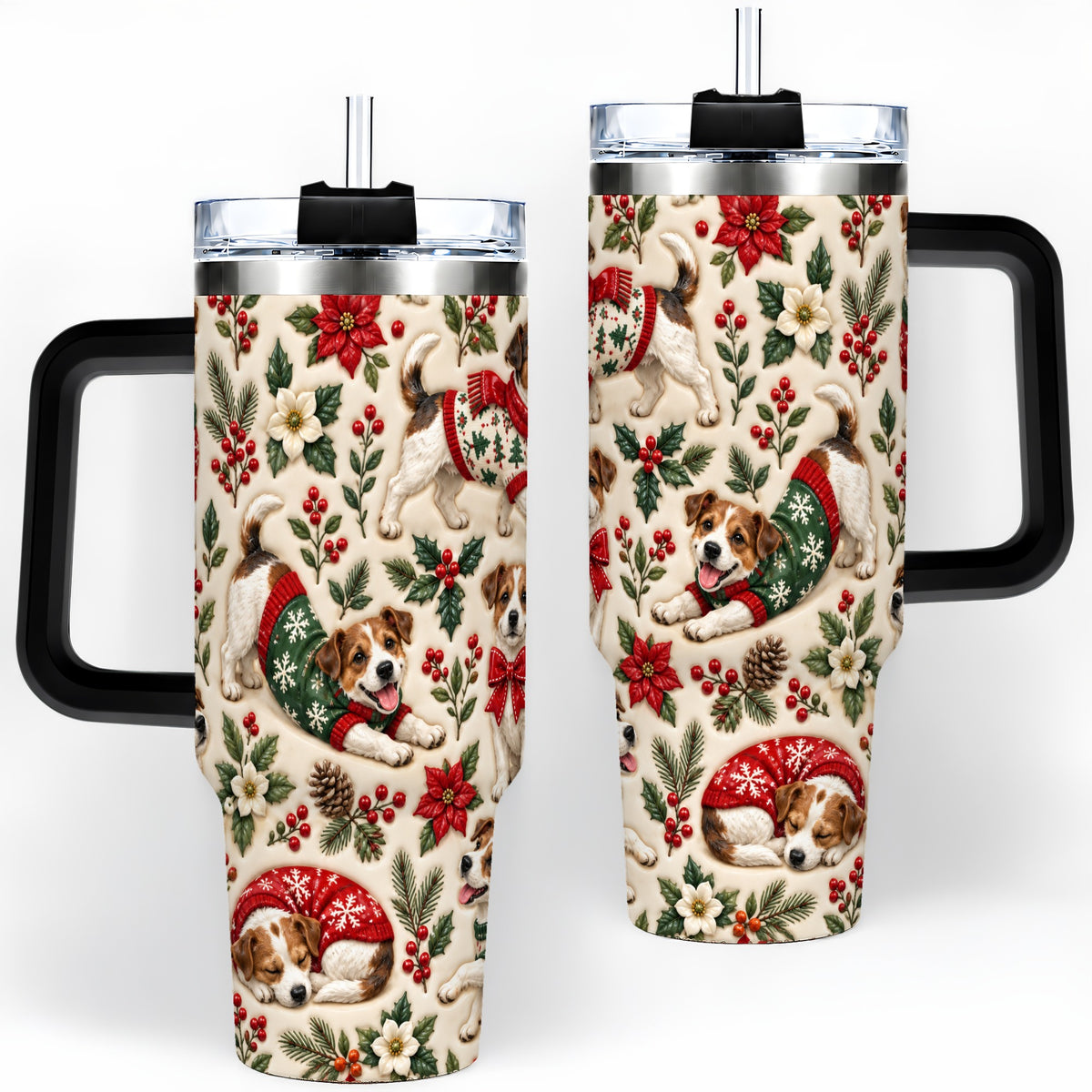 #pl[40oz|Black] Christmas Jack Russell 40oz Tumbler, Holly Dog Pattern Drinkware Art