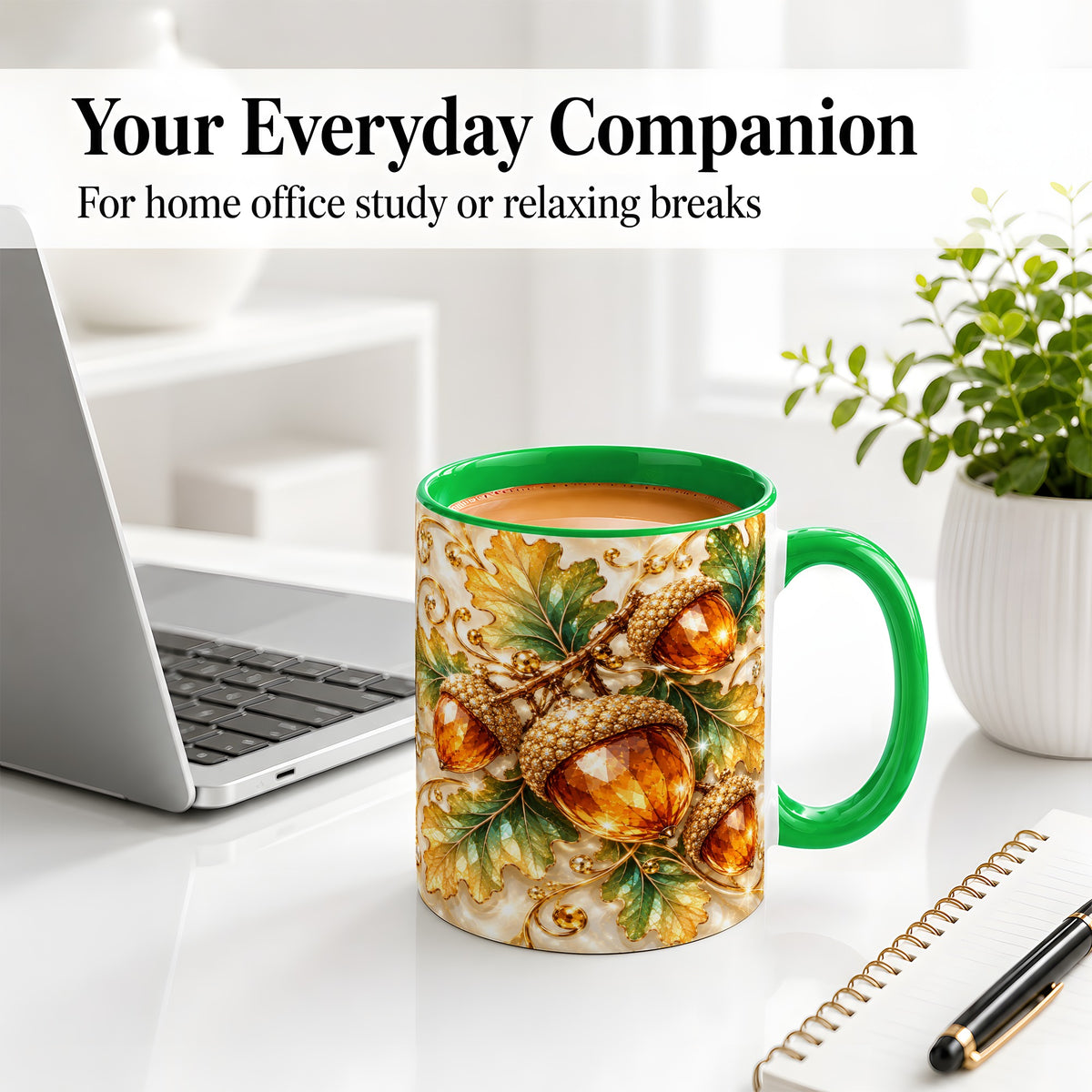 #pl[11oz|Green] Jeweled Acorn Accent Mug, Oak Leaf Botanical Autumn Nature Art