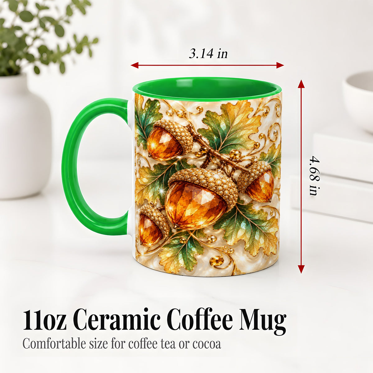 #pl[11oz|Green] Jeweled Acorn Accent Mug, Oak Leaf Botanical Autumn Nature Art