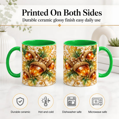#pl[11oz|Green] Jeweled Acorn Accent Mug, Oak Leaf Botanical Autumn Nature Art