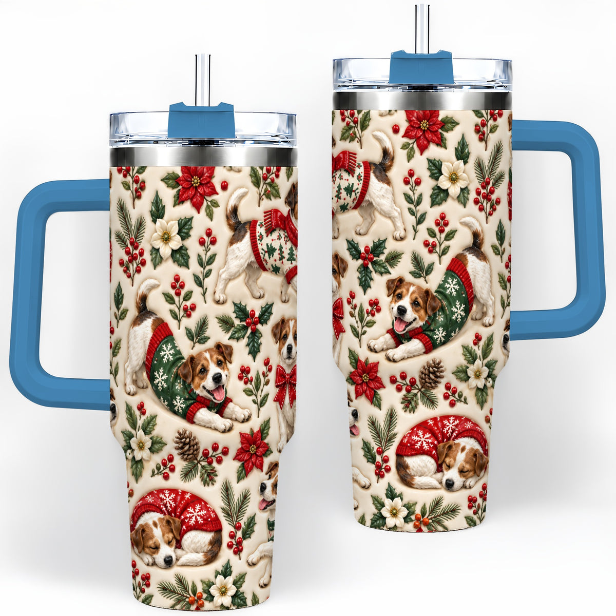 #pl[40oz|Blue] Christmas Jack Russell 40oz Tumbler, Holly Dog Pattern Drinkware Art
