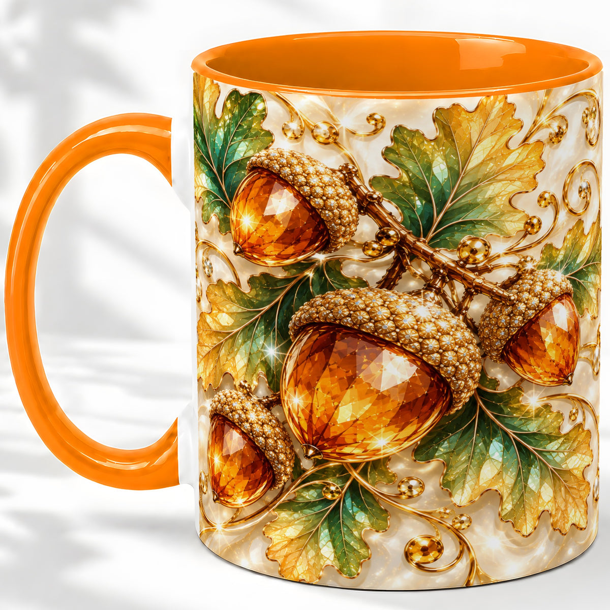 #pl[11oz|Orange] Jeweled Acorn Accent Mug, Oak Leaf Botanical Autumn Nature Art