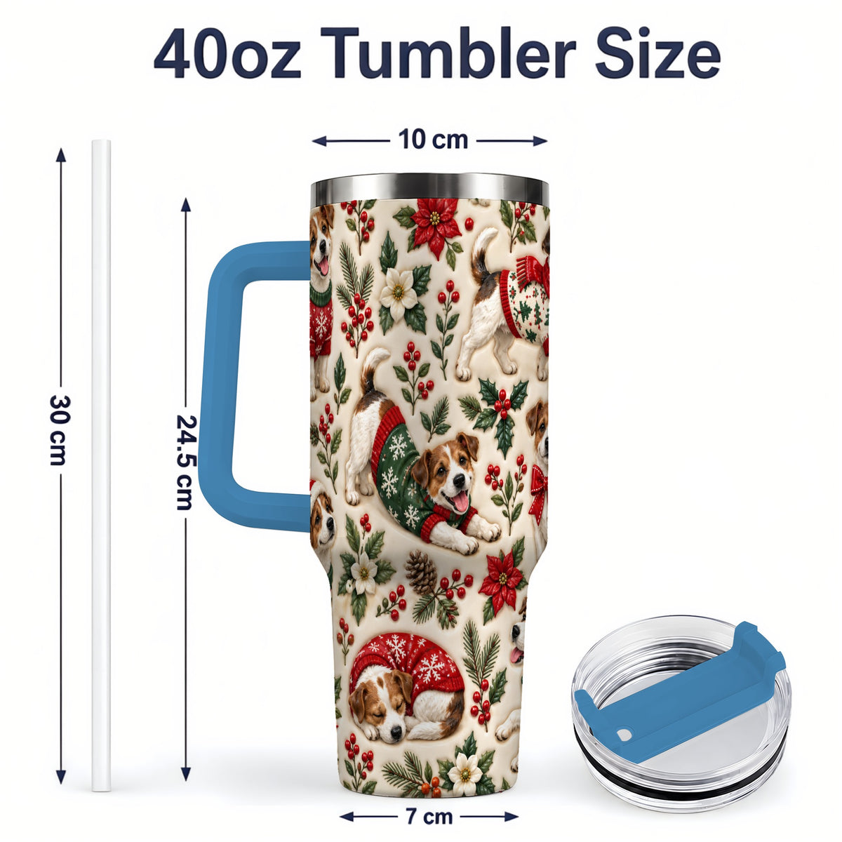 #pl[40oz|Blue] Christmas Jack Russell 40oz Tumbler, Holly Dog Pattern Drinkware Art