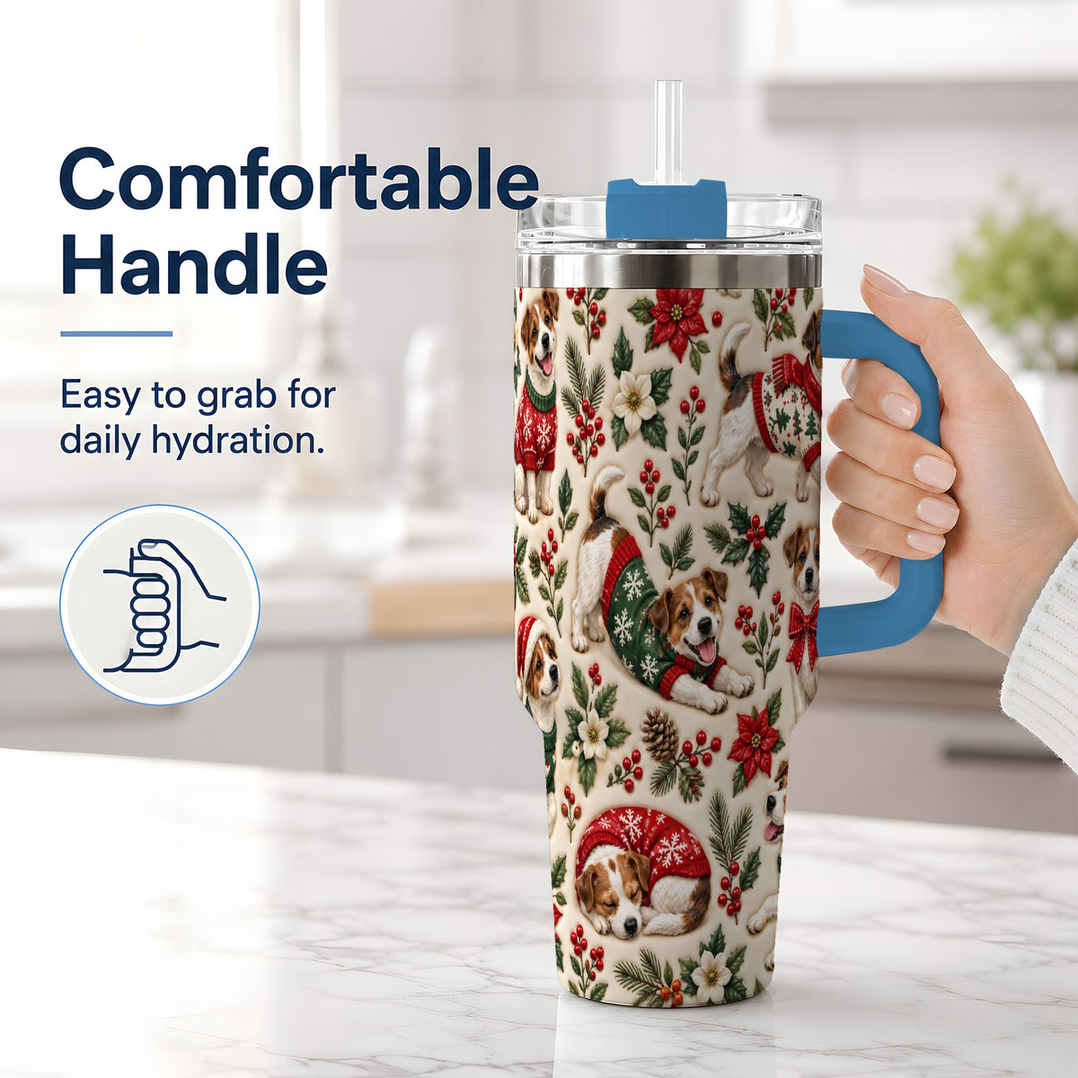 #pl[40oz|Blue] Christmas Jack Russell 40oz Tumbler, Holly Dog Pattern Drinkware Art