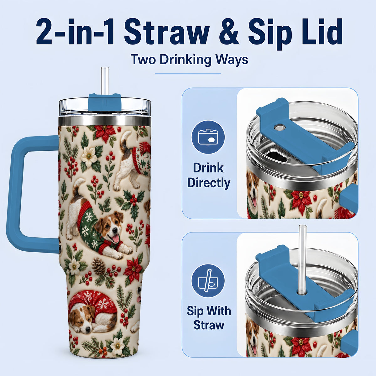 #pl[40oz|Blue] Christmas Jack Russell 40oz Tumbler, Holly Dog Pattern Drinkware Art