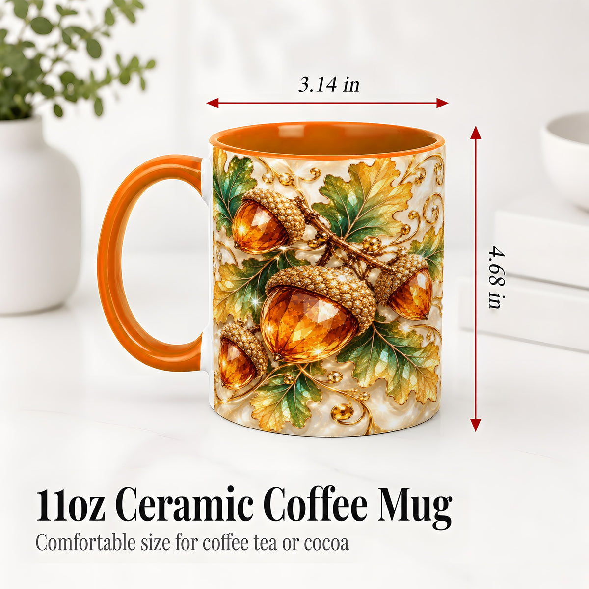 #pl[11oz|Orange] Jeweled Acorn Accent Mug, Oak Leaf Botanical Autumn Nature Art