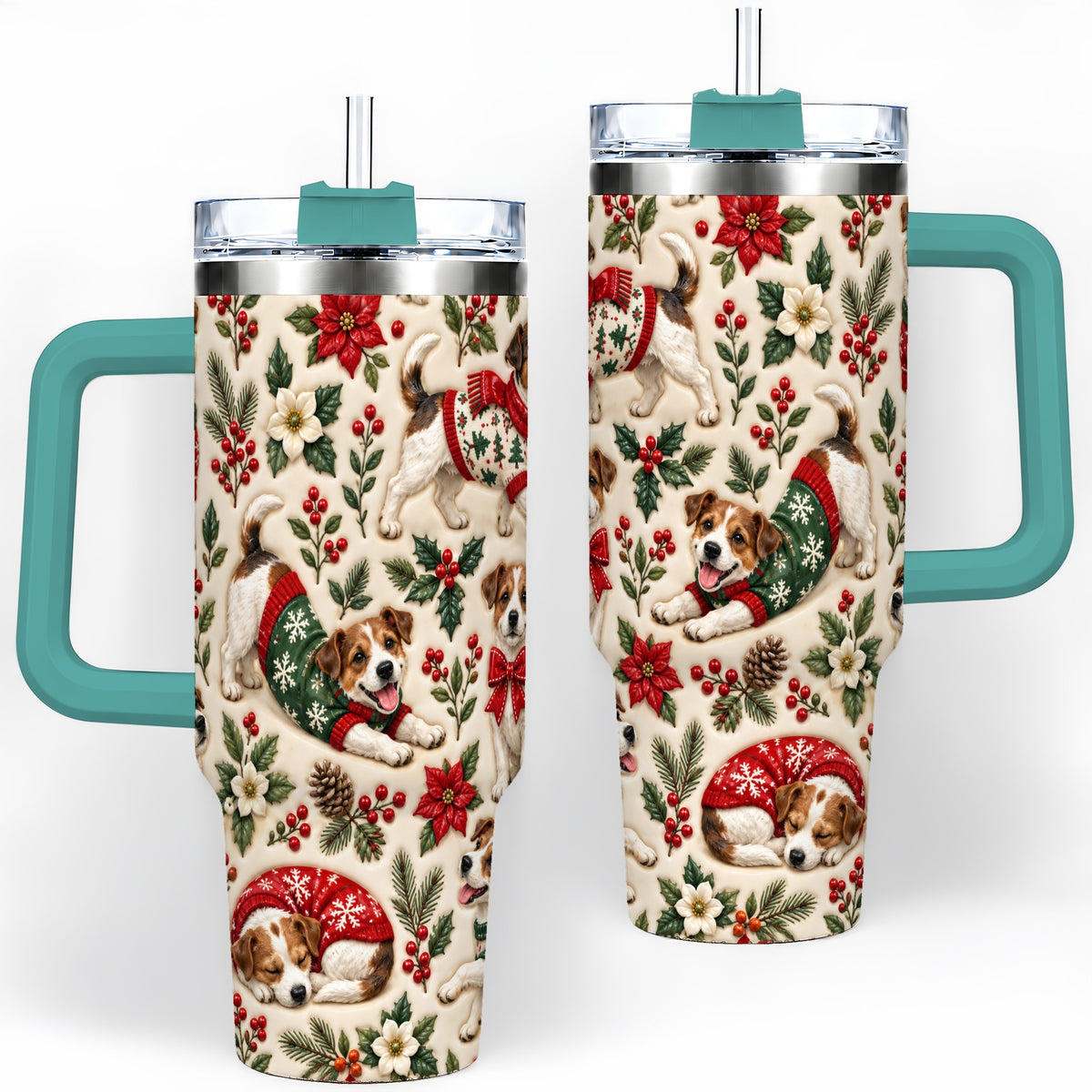 #pl[40oz|Green] Christmas Jack Russell 40oz Tumbler, Holly Dog Pattern Drinkware Art