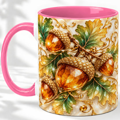 #pl[11oz|Pink] Jeweled Acorn Accent Mug, Oak Leaf Botanical Autumn Nature Art