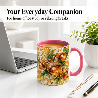 #pl[11oz|Pink] Jeweled Acorn Accent Mug, Oak Leaf Botanical Autumn Nature Art