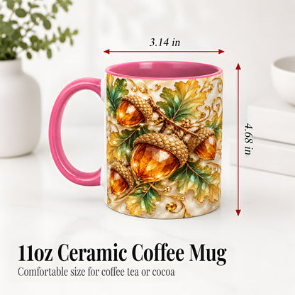 #pl[11oz|Pink] Jeweled Acorn Accent Mug, Oak Leaf Botanical Autumn Nature Art