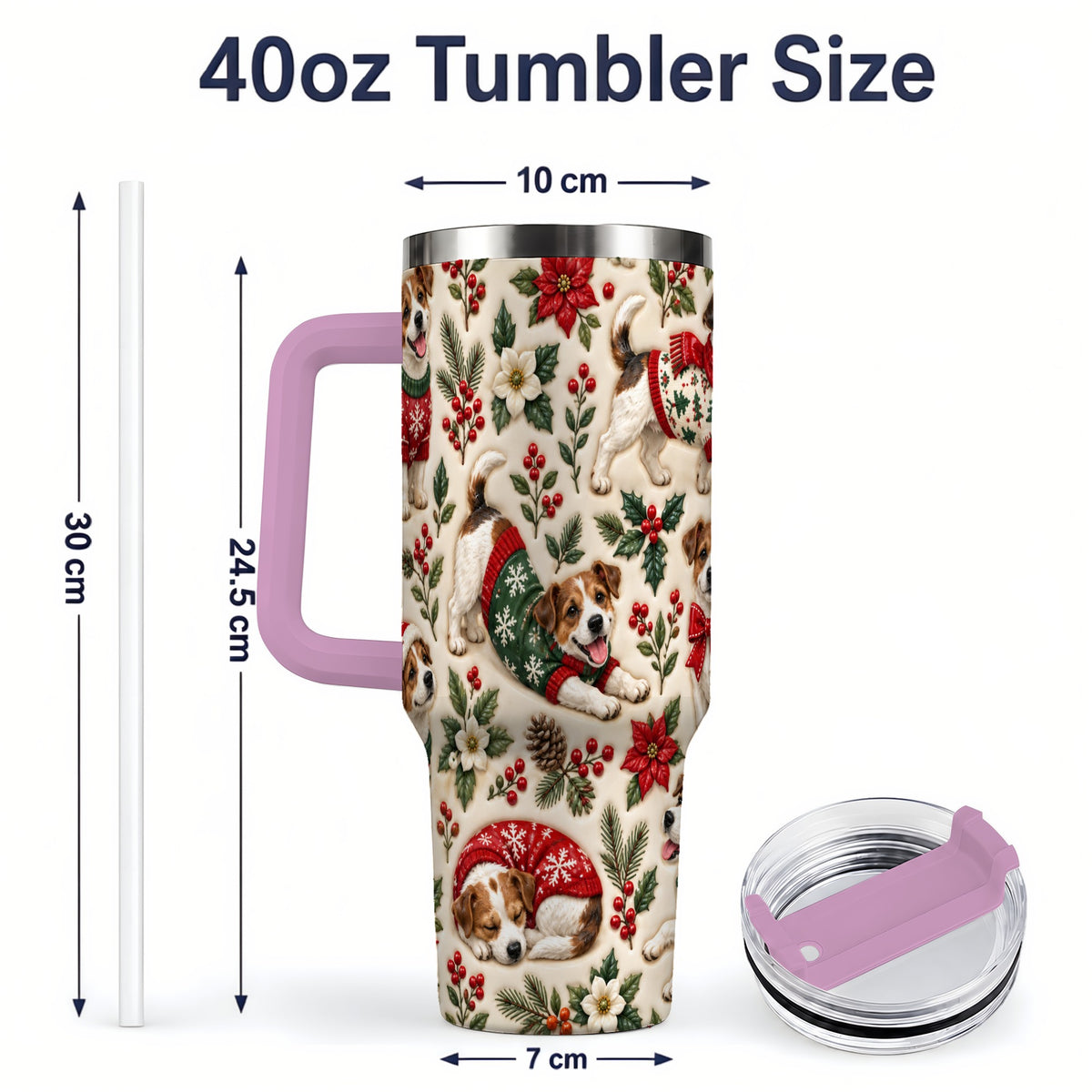 #pl[40oz|Pink] Christmas Jack Russell 40oz Tumbler, Holly Dog Pattern Drinkware Art