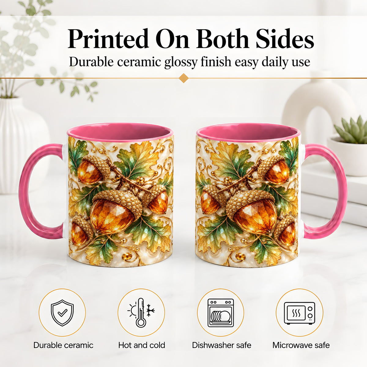 #pl[11oz|Pink] Jeweled Acorn Accent Mug, Oak Leaf Botanical Autumn Nature Art