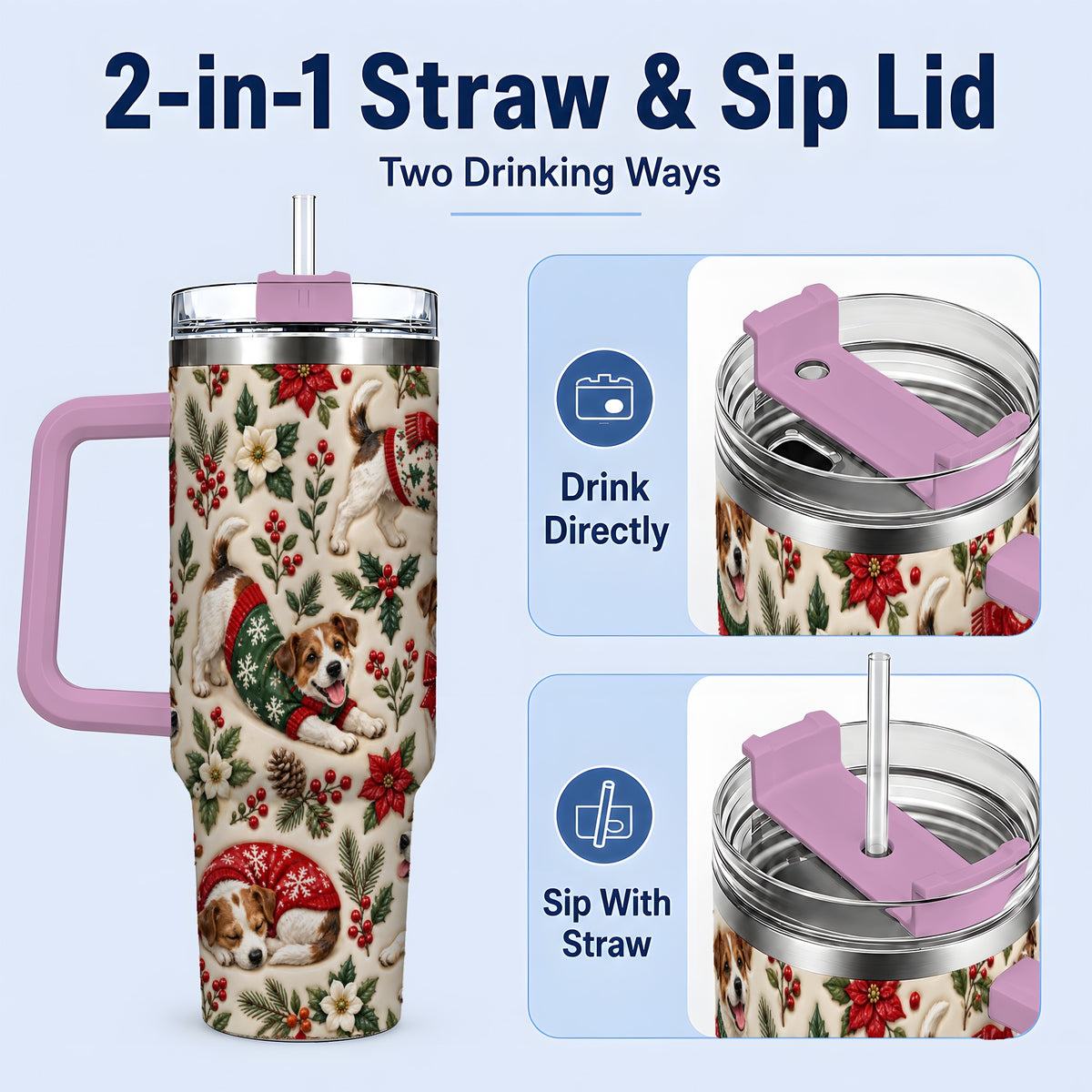 #pl[40oz|Pink] Christmas Jack Russell 40oz Tumbler, Holly Dog Pattern Drinkware Art