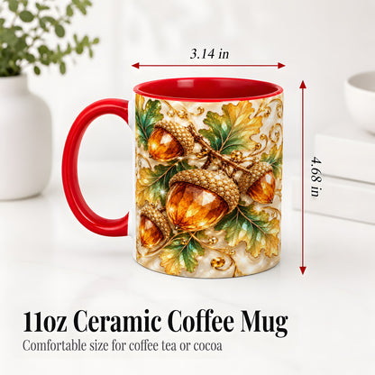 #pl[11oz|Red] Jeweled Acorn Accent Mug, Oak Leaf Botanical Autumn Nature Art