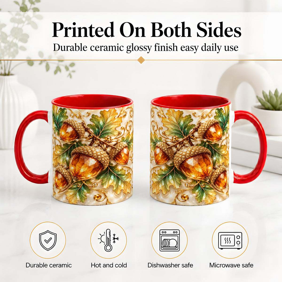 #pl[11oz|Red] Jeweled Acorn Accent Mug, Oak Leaf Botanical Autumn Nature Art
