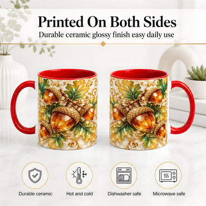 #pl[11oz|Red] Jeweled Acorn Accent Mug, Oak Leaf Botanical Autumn Nature Art