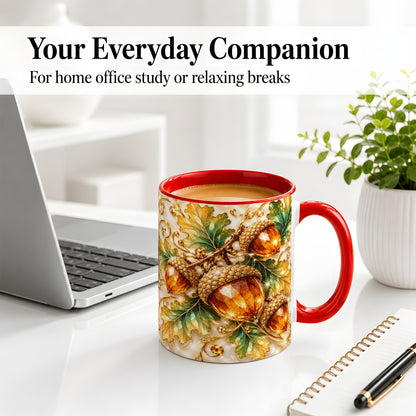 #pl[11oz|Red] Jeweled Acorn Accent Mug, Oak Leaf Botanical Autumn Nature Art