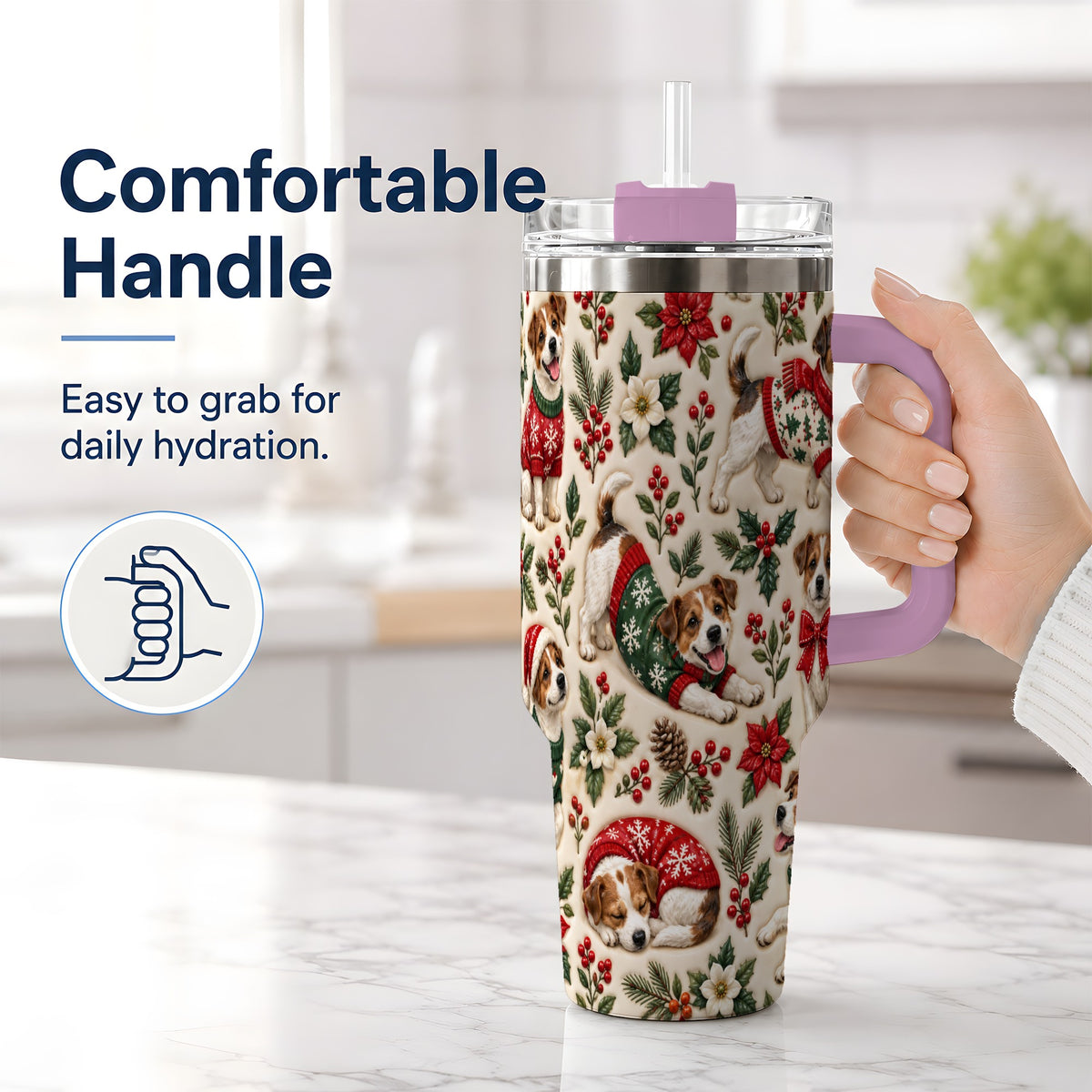 #pl[40oz|Pink] Christmas Jack Russell 40oz Tumbler, Holly Dog Pattern Drinkware Art