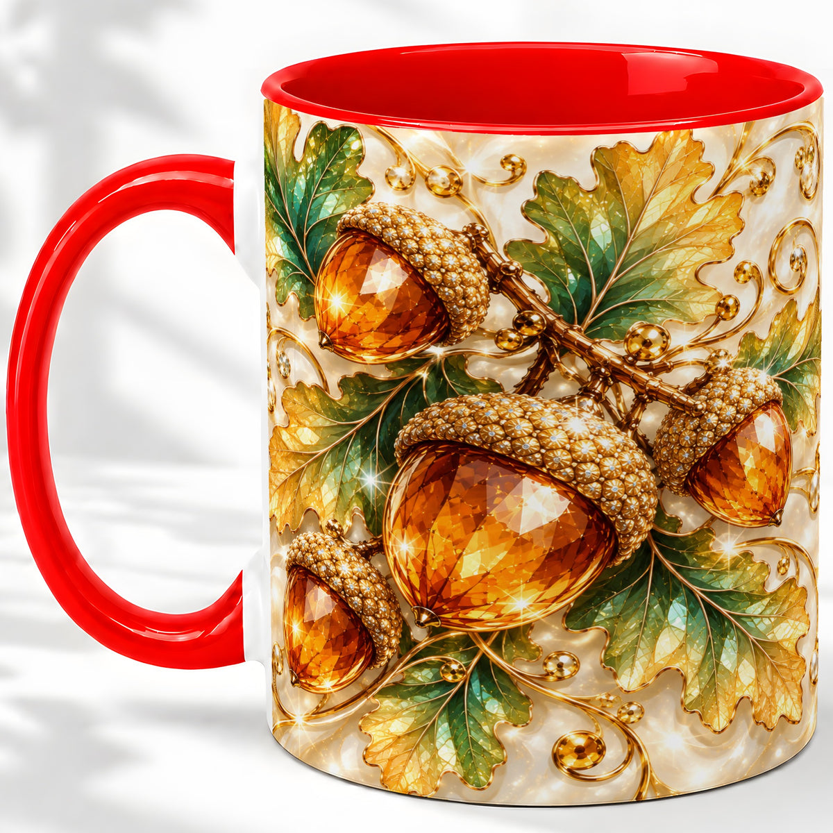 Jeweled Acorn Accent Mug, Oak Leaf Botanical Autumn Nature Art