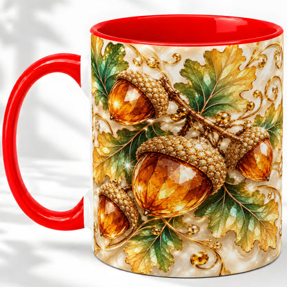 Jeweled Acorn Accent Mug, Oak Leaf Botanical Autumn Nature Art