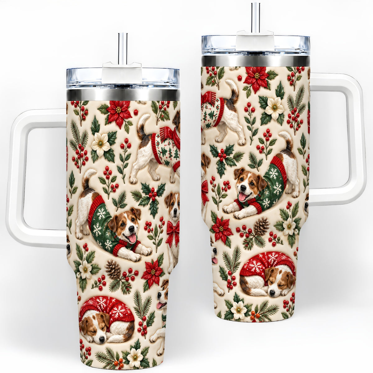Christmas Jack Russell 40oz Tumbler, Holly Dog Pattern Drinkware Art