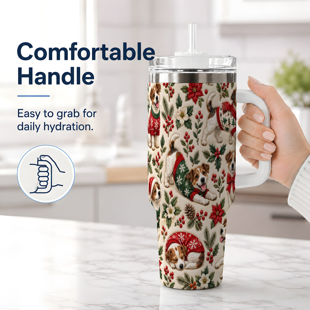 #pl[40oz|White] Christmas Jack Russell 40oz Tumbler, Holly Dog Pattern Drinkware Art