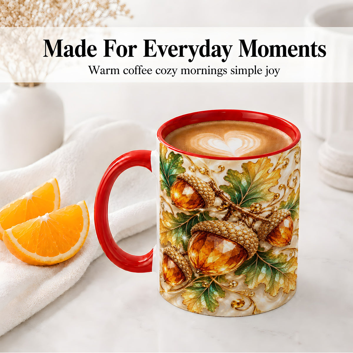 #pl[11oz|Red] Jeweled Acorn Accent Mug, Oak Leaf Botanical Autumn Nature Art