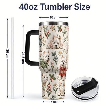 #pl[40oz|Black] Floral White Terrier 40oz Tumbler, Botanical Dog Pattern Drinkware