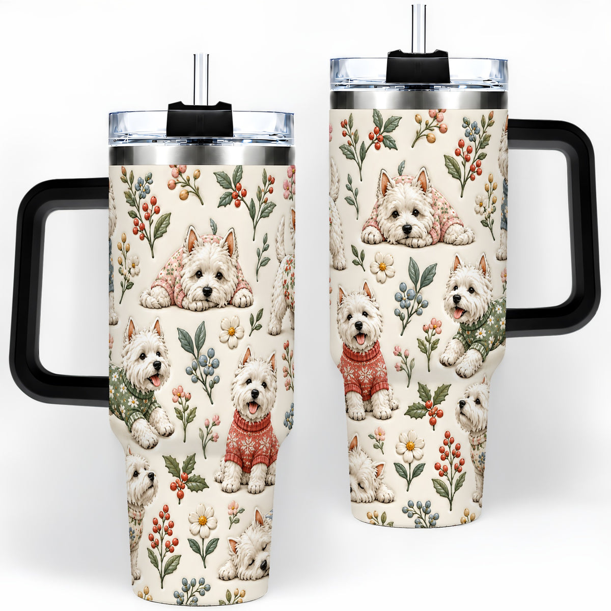 #pl[40oz|Black] Floral White Terrier 40oz Tumbler, Botanical Dog Pattern Drinkware