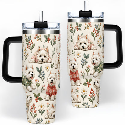 #pl[40oz|Black] Floral White Terrier 40oz Tumbler, Botanical Dog Pattern Drinkware