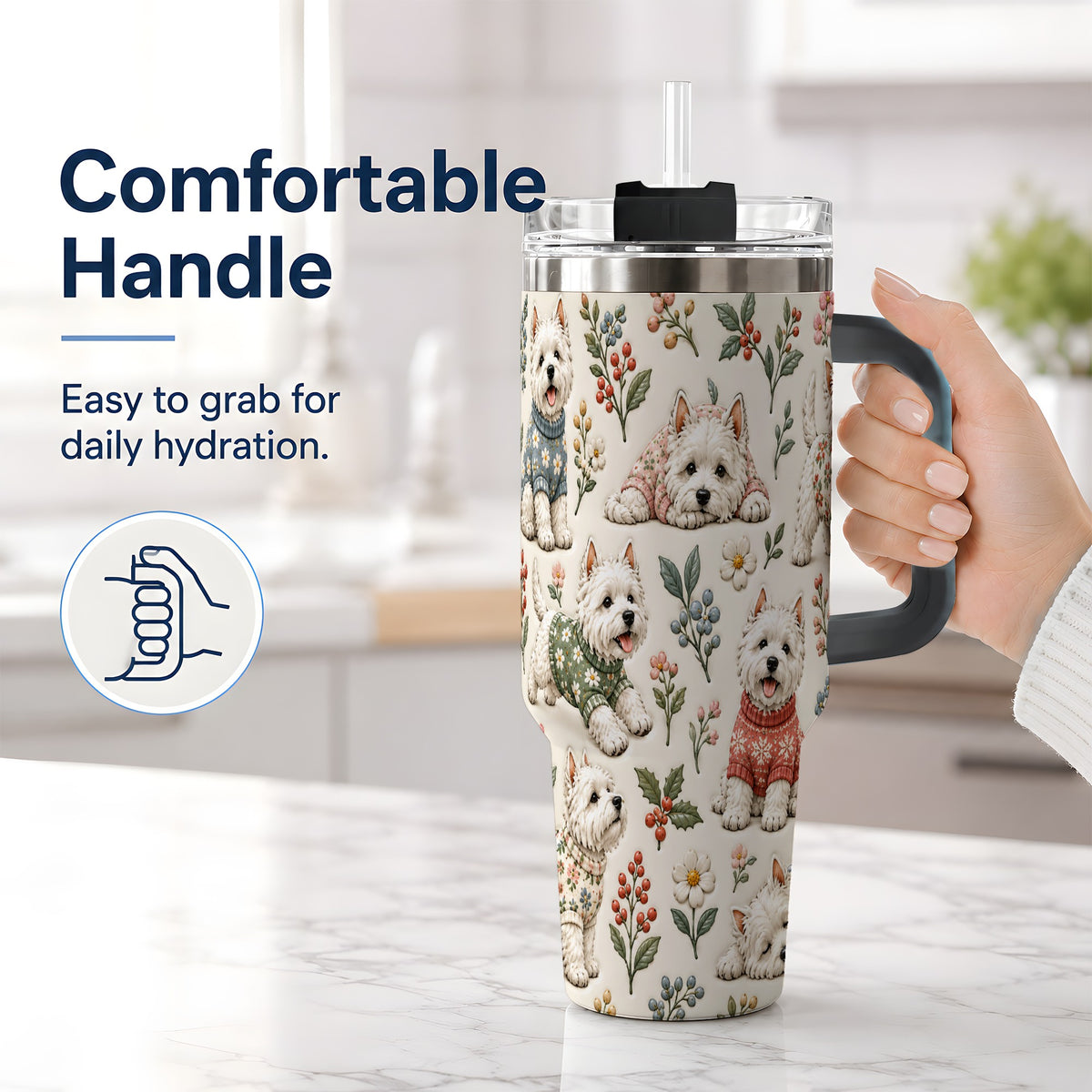 #pl[40oz|Black] Floral White Terrier 40oz Tumbler, Botanical Dog Pattern Drinkware