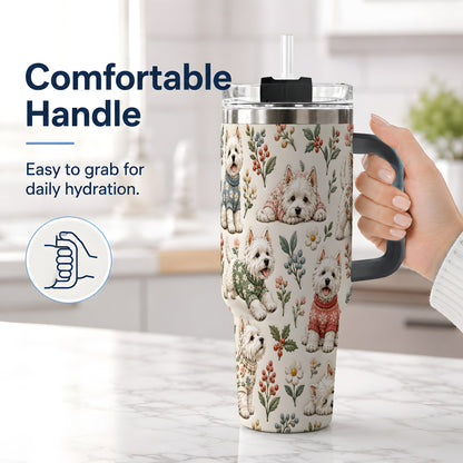 #pl[40oz|Black] Floral White Terrier 40oz Tumbler, Botanical Dog Pattern Drinkware