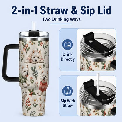 #pl[40oz|Black] Floral White Terrier 40oz Tumbler, Botanical Dog Pattern Drinkware