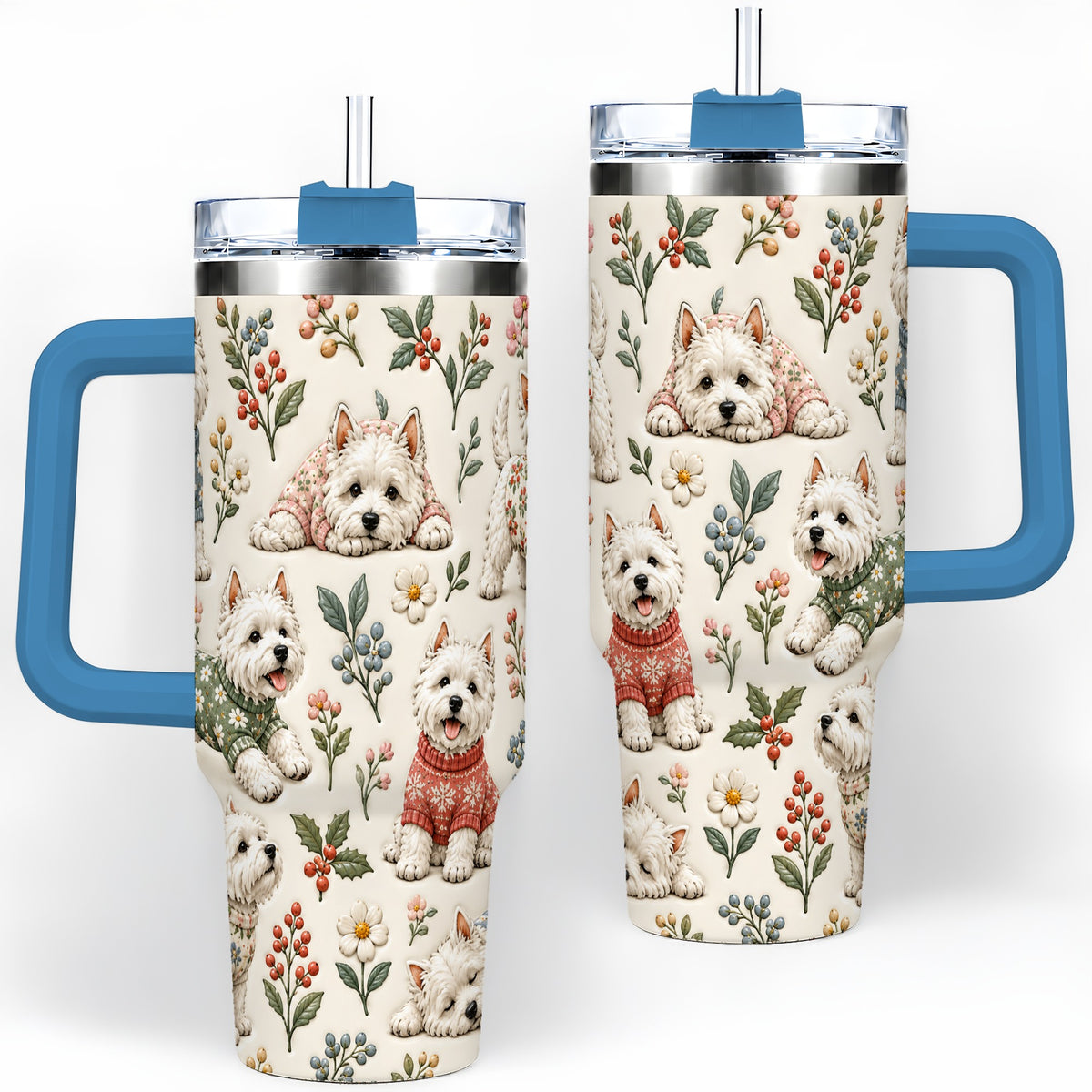 #pl[40oz|Blue] Floral White Terrier 40oz Tumbler, Botanical Dog Pattern Drinkware