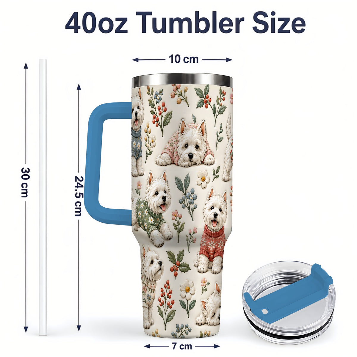 #pl[40oz|Blue] Floral White Terrier 40oz Tumbler, Botanical Dog Pattern Drinkware