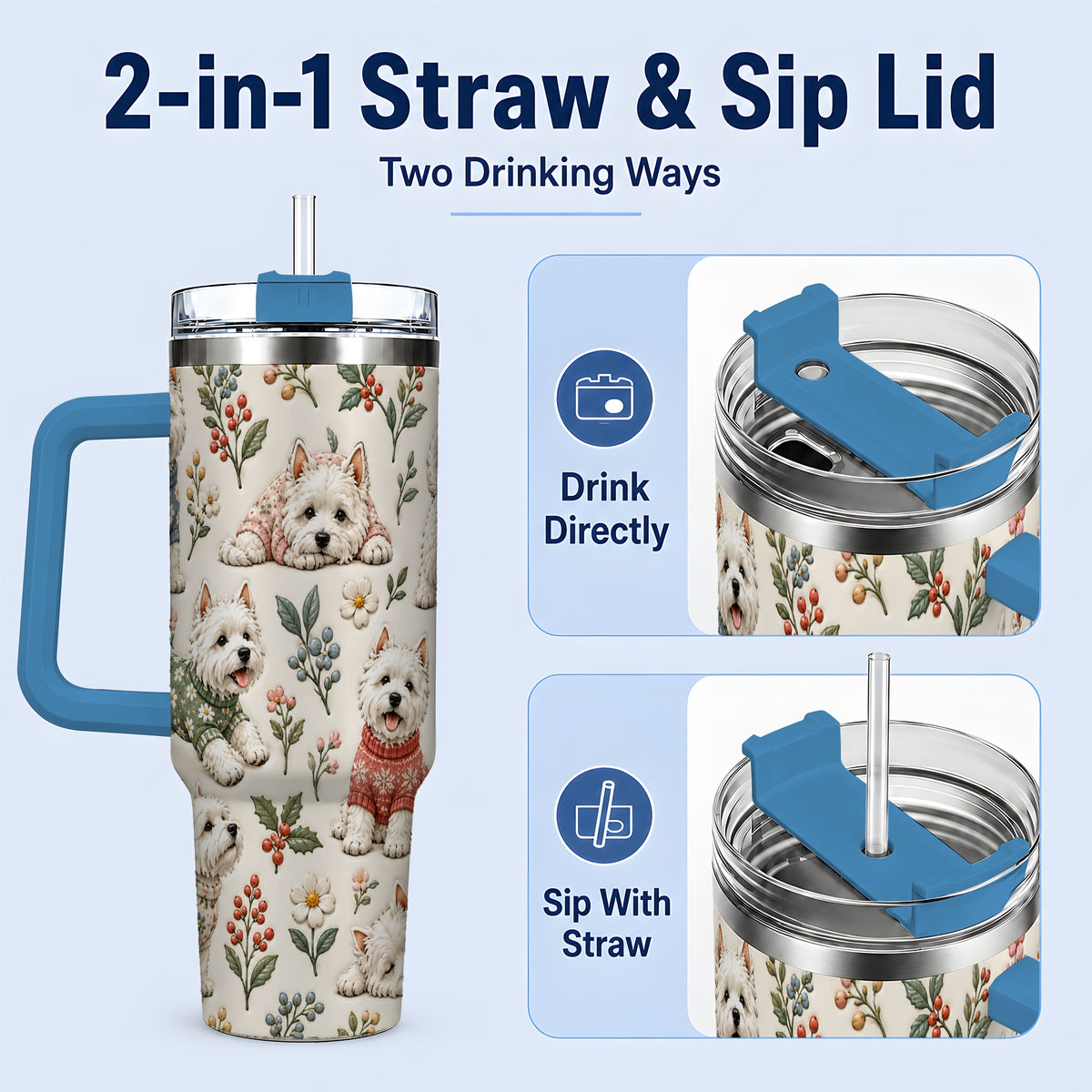 #pl[40oz|Blue] Floral White Terrier 40oz Tumbler, Botanical Dog Pattern Drinkware