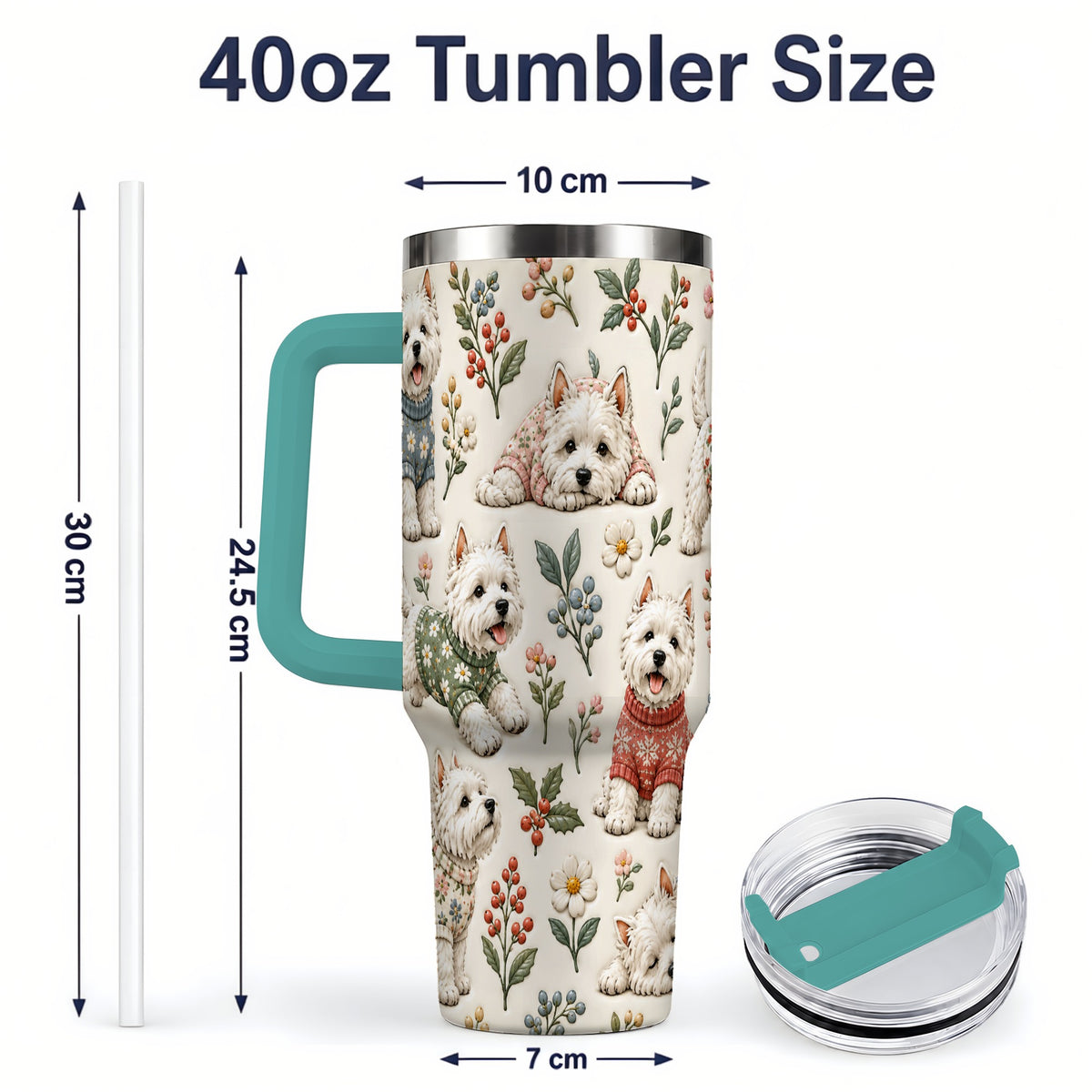 #pl[40oz|Green] Floral White Terrier 40oz Tumbler, Botanical Dog Pattern Drinkware