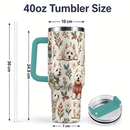 #pl[40oz|Green] Floral White Terrier 40oz Tumbler, Botanical Dog Pattern Drinkware