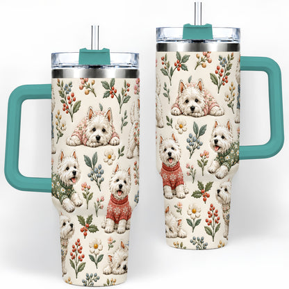 #pl[40oz|Green] Floral White Terrier 40oz Tumbler, Botanical Dog Pattern Drinkware