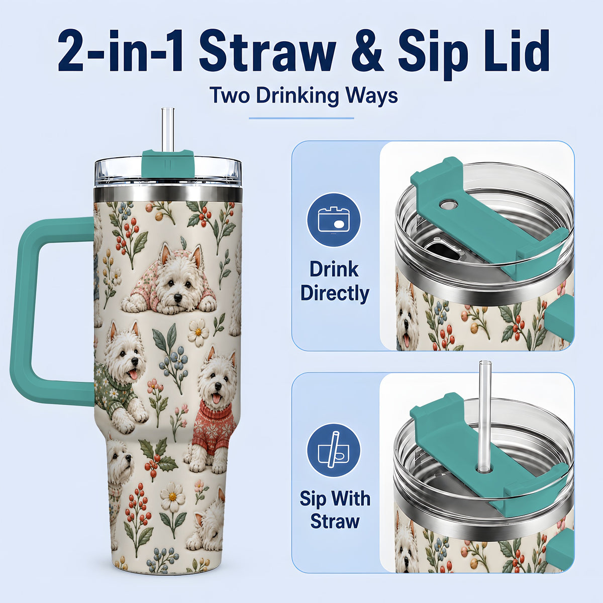 #pl[40oz|Green] Floral White Terrier 40oz Tumbler, Botanical Dog Pattern Drinkware