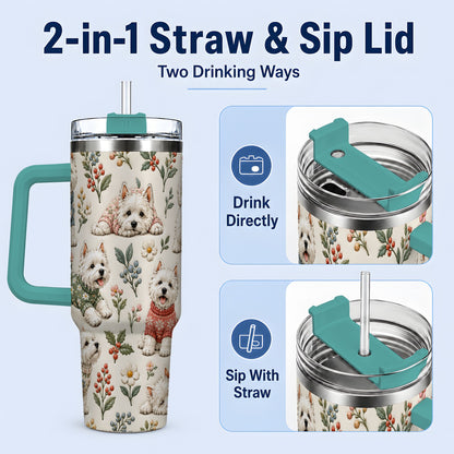 #pl[40oz|Green] Floral White Terrier 40oz Tumbler, Botanical Dog Pattern Drinkware