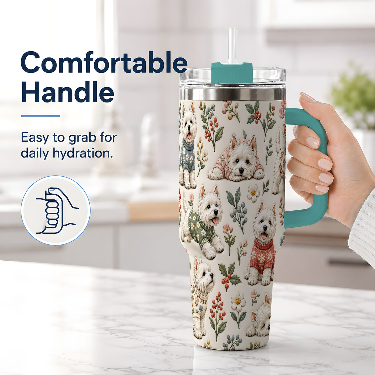 #pl[40oz|Green] Floral White Terrier 40oz Tumbler, Botanical Dog Pattern Drinkware