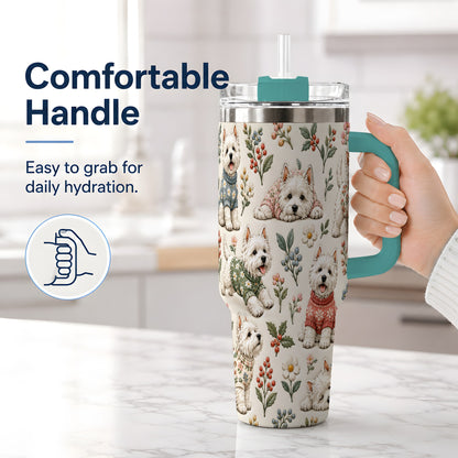#pl[40oz|Green] Floral White Terrier 40oz Tumbler, Botanical Dog Pattern Drinkware