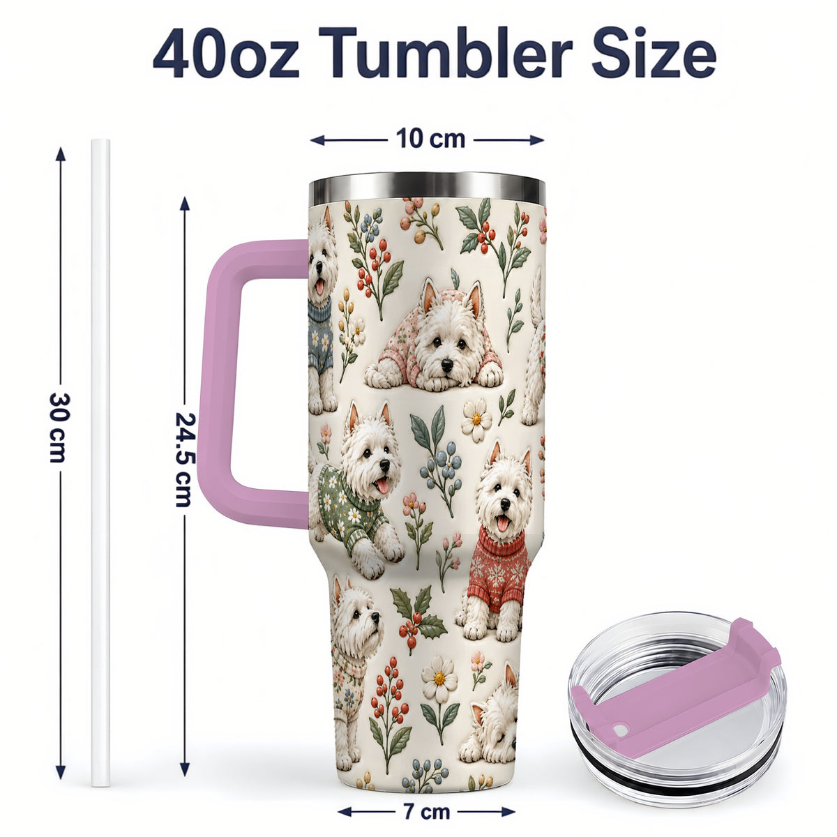 #pl[40oz|Pink] Floral White Terrier 40oz Tumbler, Botanical Dog Pattern Drinkware