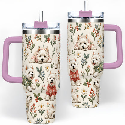 #pl[40oz|Pink] Floral White Terrier 40oz Tumbler, Botanical Dog Pattern Drinkware